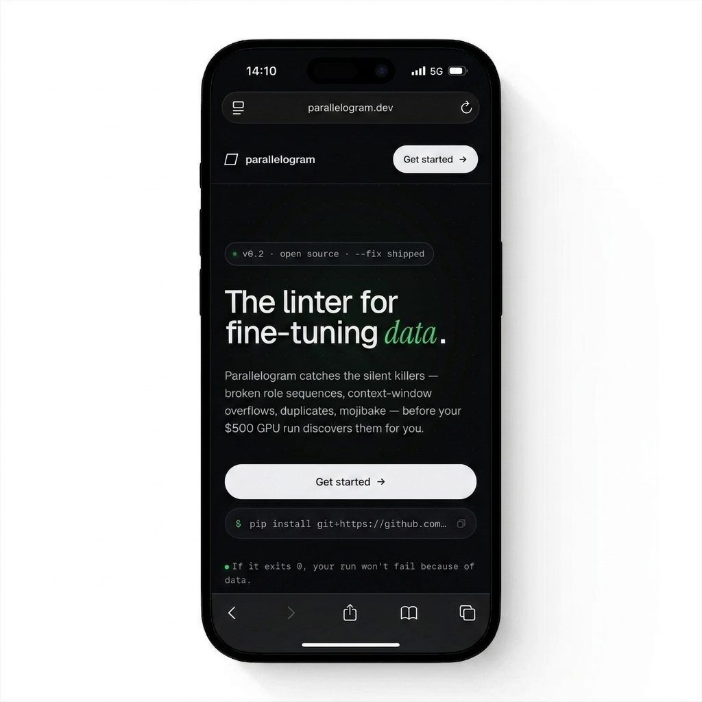 Parallelogram mobile website shown in an iPhone mockup