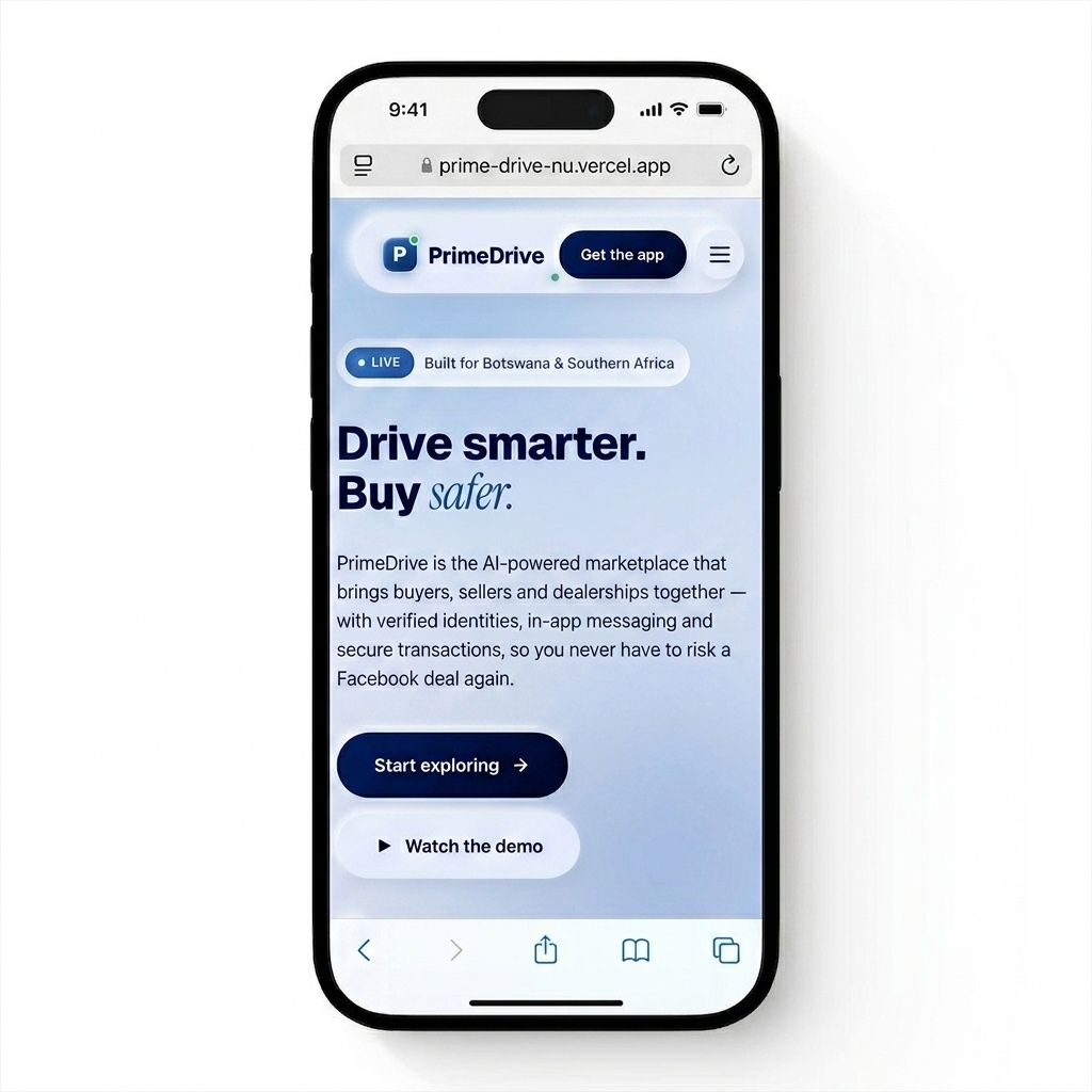 PrimeDrive mobile website shown in an iPhone mockup